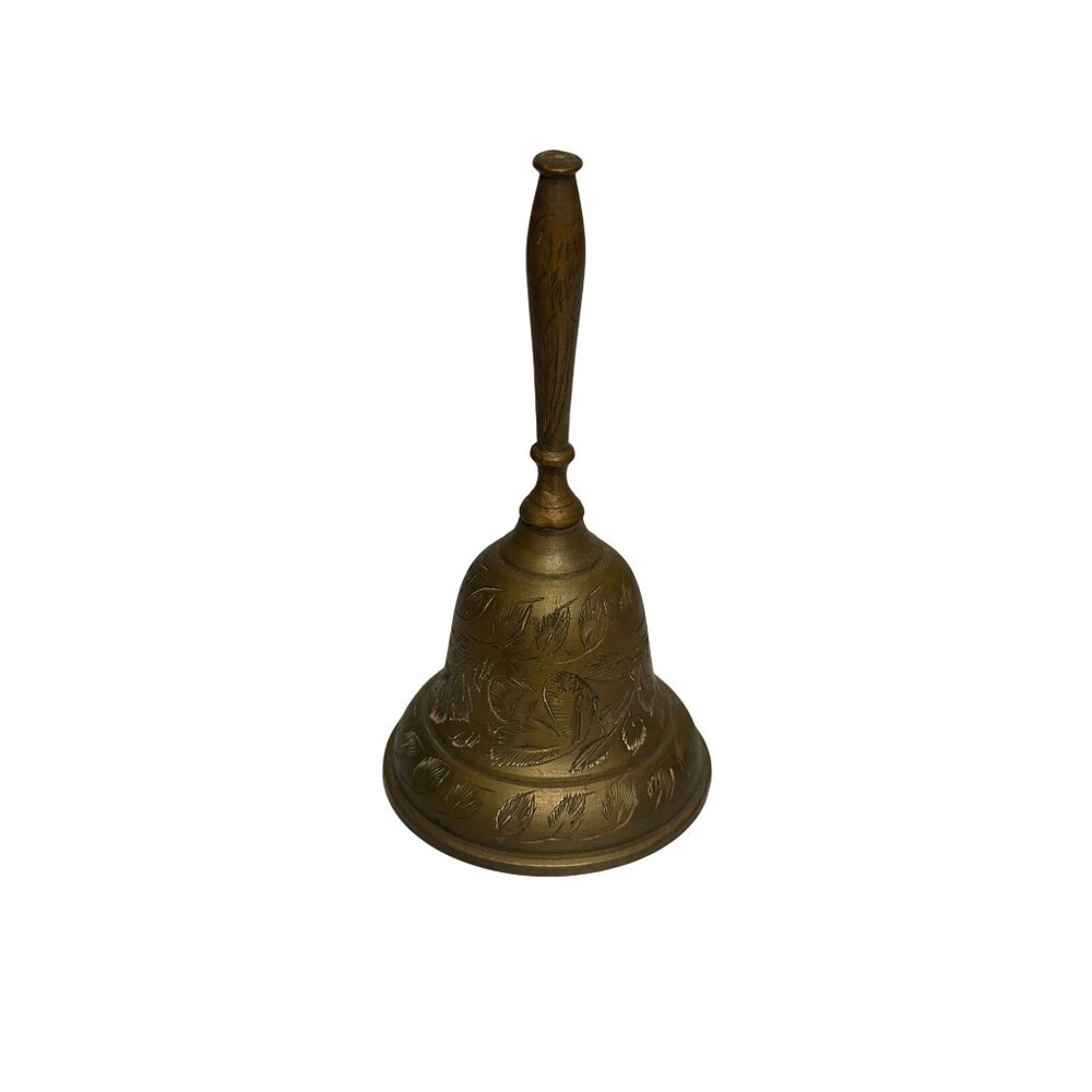 VTG Etched Brass Bell Floral Leaf Pattern Handled Collectible Retro Home Decor